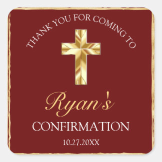 Elegant Burgundy Gold Cross Confirmation Thank You Square Sticker