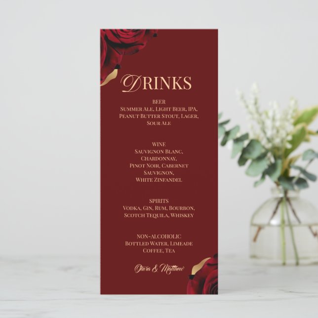 Elegant Burgundy Gold Drink  Menu (Standing Front)