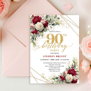 Elegant Burgundy Gold Floral 90th Birthday Invite