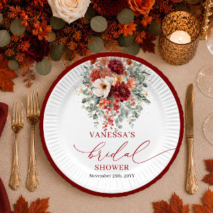 Elegant Burgundy Gold Floral autumn bridal shower  Paper Plate