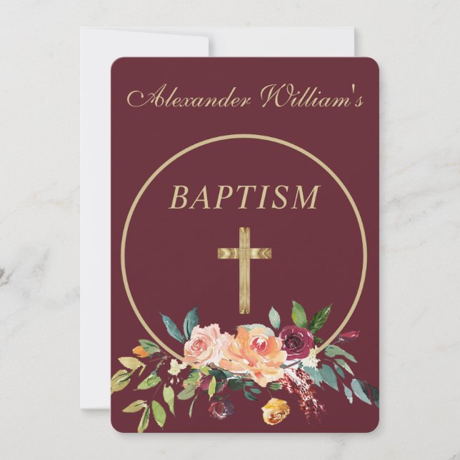 Elegant Burgundy Gold Floral Baby Christening Invitation (Front)