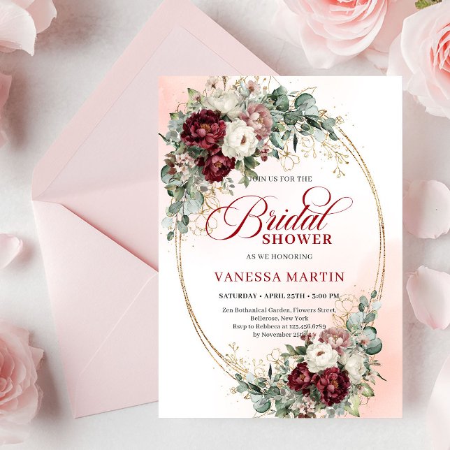 Elegant Burgundy Gold Floral Eucalyptus Shower Invitation (Elegant Burgundy Gold Floral Eucalyptus Shower Invite)