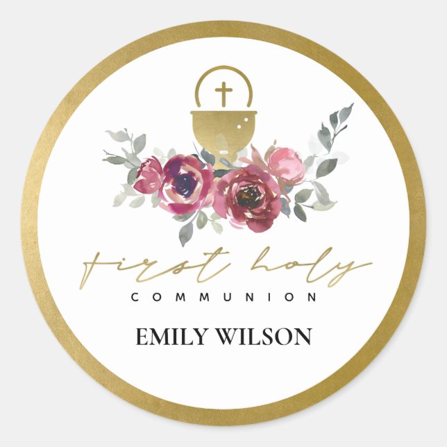 ELEGANT BURGUNDY GOLD FLORAL FIRST HOLY COMMUNION CLASSIC ROUND STICKER (Front)