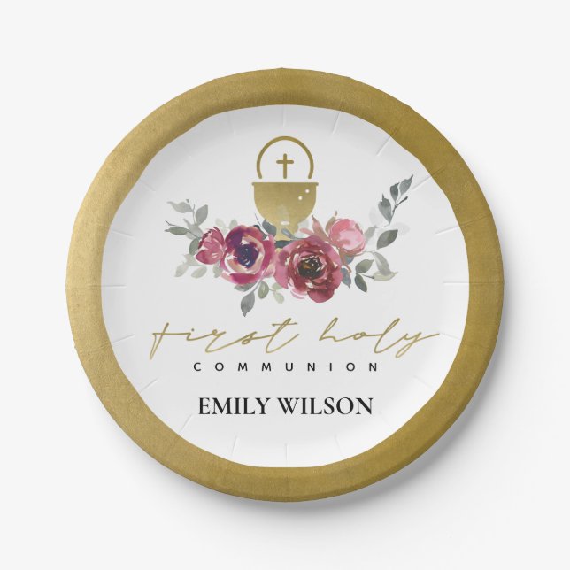 ELEGANT BURGUNDY GOLD FLORAL FIRST HOLY COMMUNION PAPER PLATE (Front)