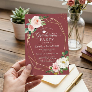Elegant Burgundy Gold Floral Graduation Party Invitation