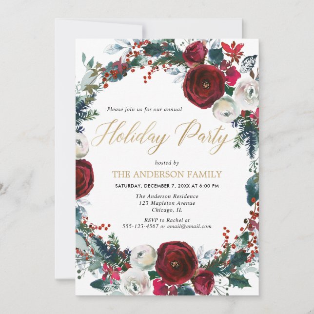 Elegant burgundy gold floral Holiday Party Invitation (Front)