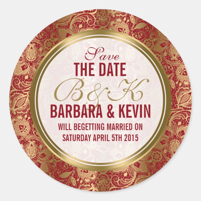 Elegant Burgundy & Gold Floral Lace Damasks Classic Round Sticker (Front)