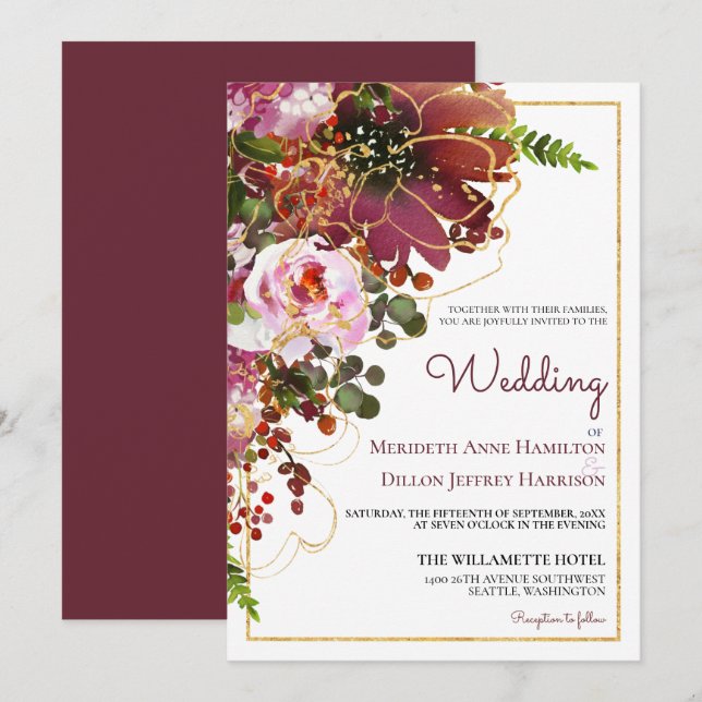 Elegant Burgundy Gold Floral Modern Wedding Invitation (Front/Back)