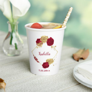 Elegant burgundy gold floral paper cups