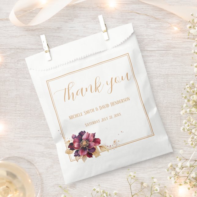 Elegant Burgundy Gold Floral Script Wedding Favour Bags (Clipped)