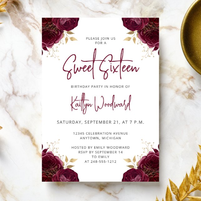 Elegant Burgundy Gold Floral Sweet 16 Party Invitation (Creator Uploaded)
