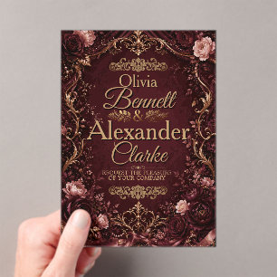 Elegant Burgundy Gold Floral Vintage Wedding Acrylic Invitations