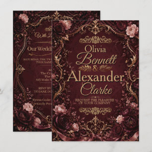 Elegant Burgundy Gold Floral Vintage Wedding Invitation