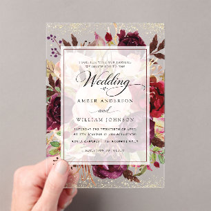 Elegant Burgundy Gold Floral Wedding  Acrylic Invitations