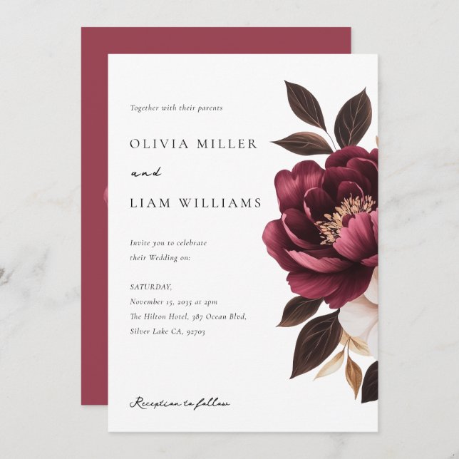Elegant Burgundy Gold Floral Wedding Invitation (Front/Back)