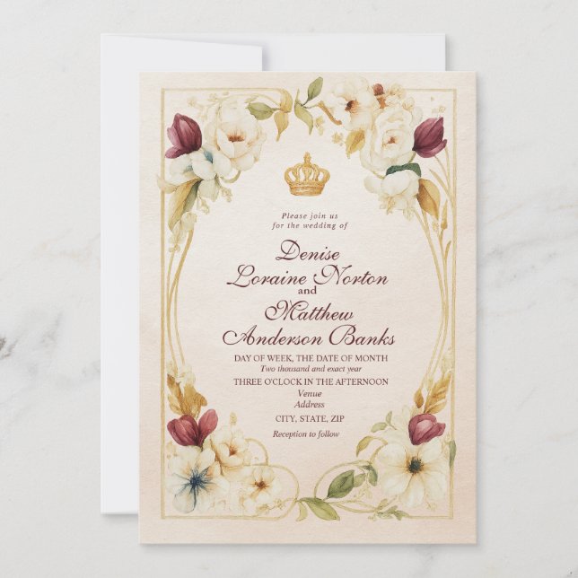 Elegant Burgundy Gold Floral Wedding Invitation (Front)