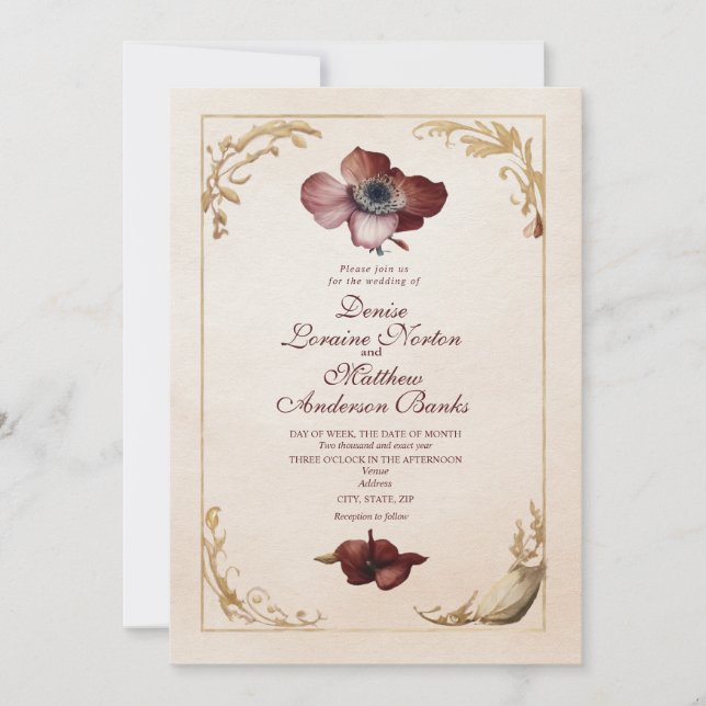 Elegant Burgundy Gold Floral Wedding Invitation (Front)