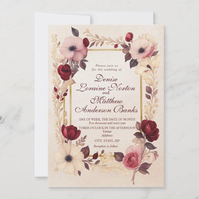 Elegant Burgundy Gold Floral Wedding Invitation (Front)