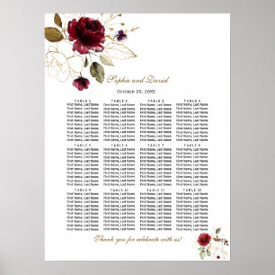 Elegant Burgundy Gold Floral Wedding Seating Chart