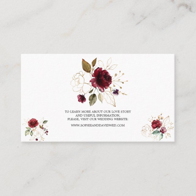 Elegant Burgundy Gold Floral Wedding Website Business Card (Front)