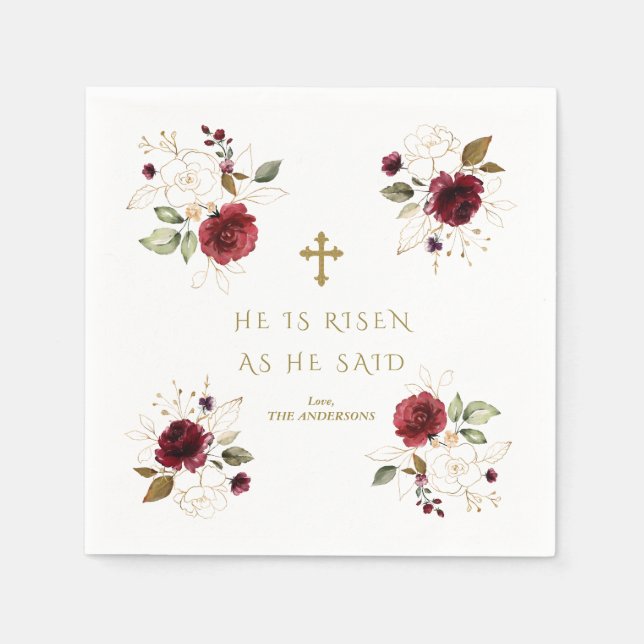 Elegant Burgundy Gold Flowers He Is Risen Easter  Napkin (Front)