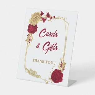 Elegant burgundy & gold flowers wedding tabletop pedestal sign