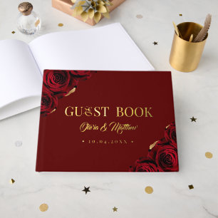 Elegant Burgundy Gold Foil Roses Wedding Guest Book