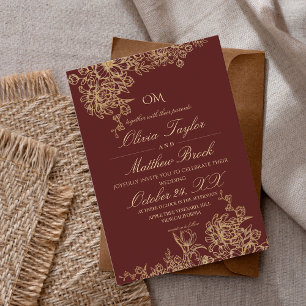 Elegant Burgundy & Gold Garden Floral Wedding Invitation