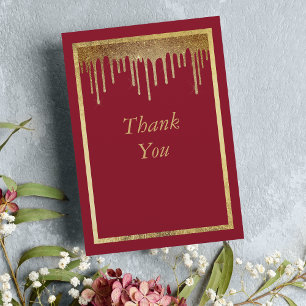 Elegant burgundy gold glitter drips 50th Birthday Thank You Card