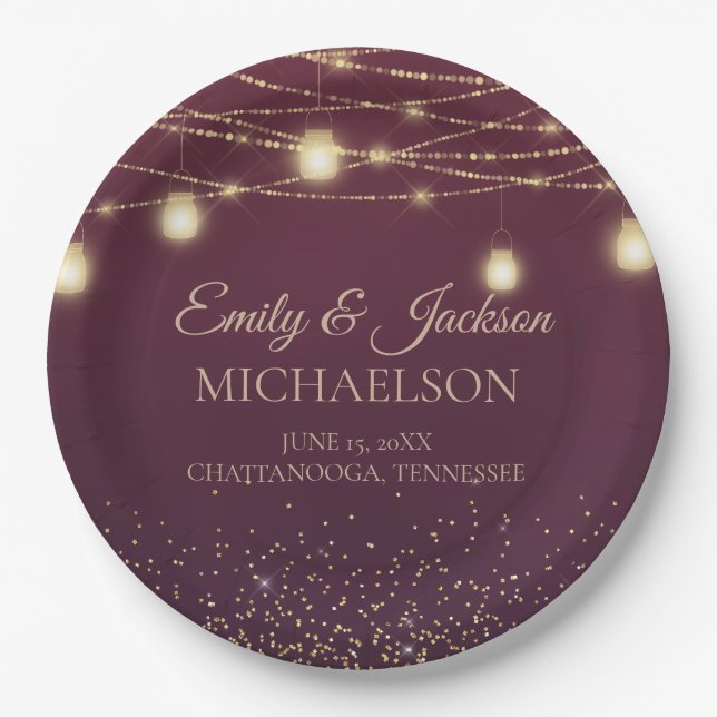 Elegant Burgundy Gold Glitter String Light Wedding Paper Plate (Front)