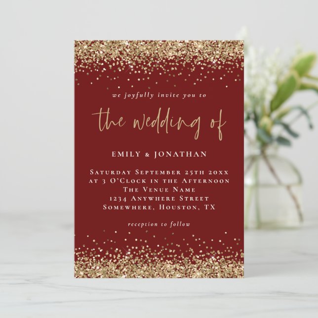 Elegant Burgundy Gold Glitter Wedding Invitation (Standing Front)
