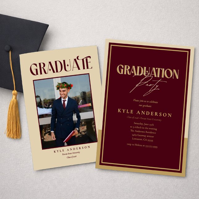 Elegant Burgundy Gold Graduation Party Photo   Invitation (Creator Uploaded)