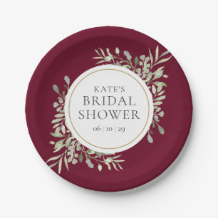 Elegant Burgundy Gold Greenery Bridal Shower Paper Plate