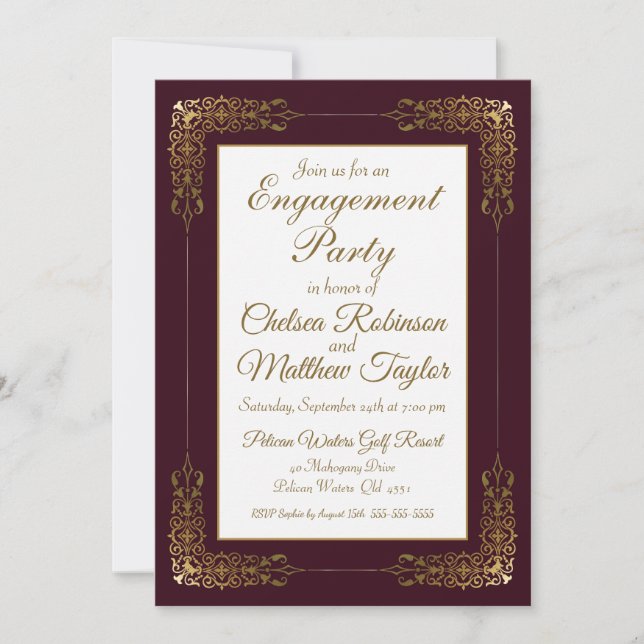 Elegant Burgundy Gold Lace Frame Engagement Party Invitation (Front)