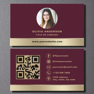 Elegant Burgundy Gold Logo QR Code Photo Business Card