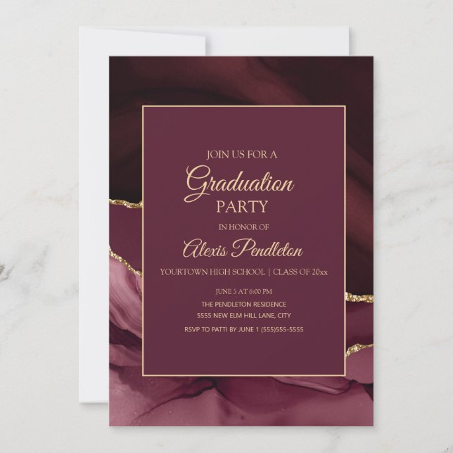 Elegant Burgundy Gold Marble Graduation Party Invitation (Front)