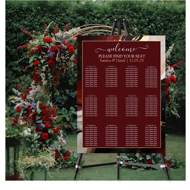 Elegant Burgundy Gold Marble Wedding Seating Chart (Creator Uploaded)