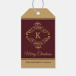 Elegant Burgundy Gold Merry Christmas Monogrammed Gift Tags