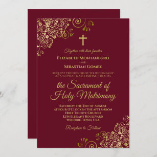 Elegant Burgundy & Gold Modern Catholic Wedding Invitation