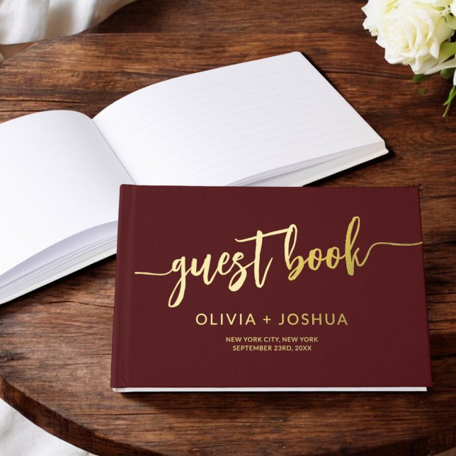 Elegant Burgundy Gold Modern Minimalist Script Guest Book (Creator Uploaded)