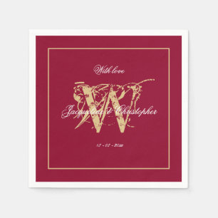 Elegant Burgundy Gold Monogram Names Chic Wedding  Napkin