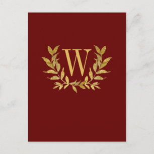 Elegant Burgundy Gold Monogram Wedding Postcard