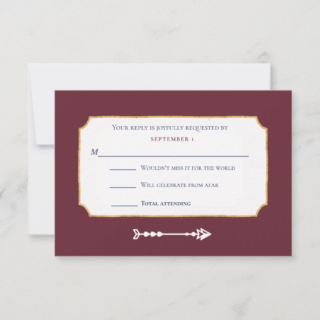 Elegant Burgundy Gold Music Mix Request Wedding RSVP Card (Front)