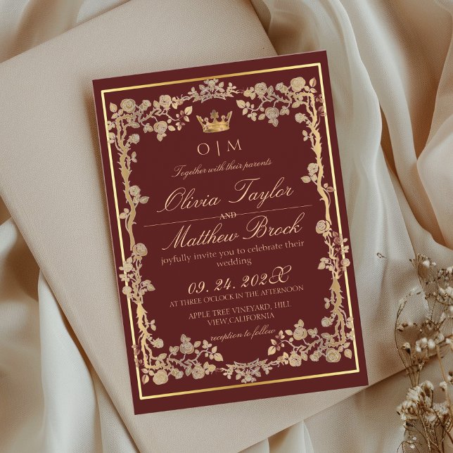 Elegant Burgundy & Gold Ornate Frame Wedding  Invitation (Creator Uploaded)