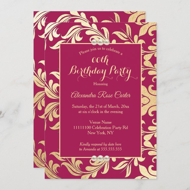 Elegant Burgundy Gold Pearl floral Birthday Party Invitation (Front/Back)