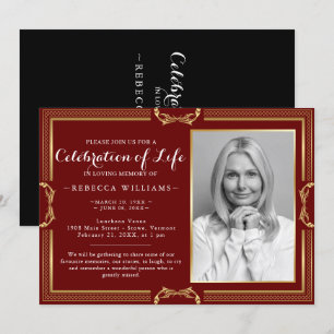 Elegant Burgundy Gold Photo Celebration of life  Invitation