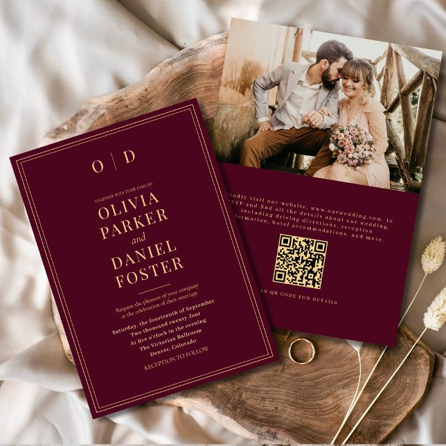 Elegant Burgundy Gold Photo QR Code Wedding Invitation (Creator Uploaded)