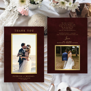 Elegant burgundy gold photo wedding  thank you card
