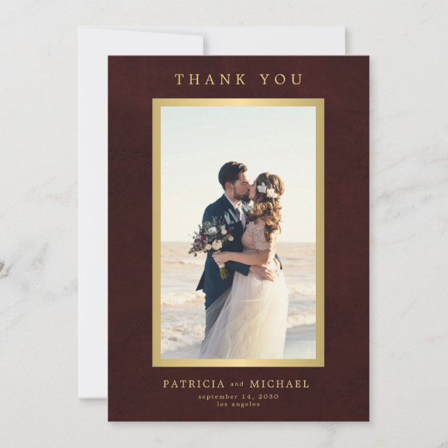 Elegant burgundy gold photo wedding  thank you card (Front)