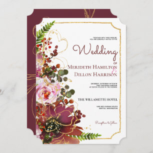Elegant Burgundy Gold Pink Coral Floral Wedding Invitation